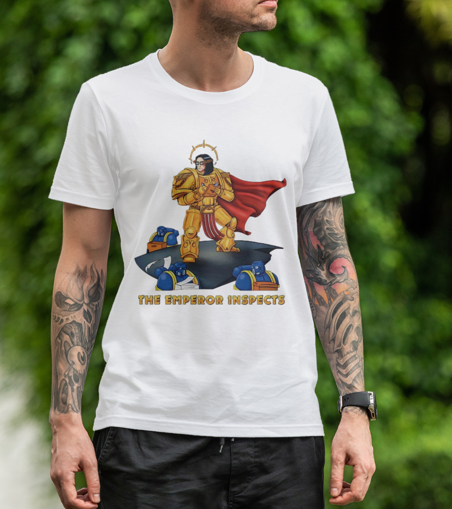 The Emperor Inspects Power Armor With Red Cape And Space Soldiers On Dark Platform T-Shirt