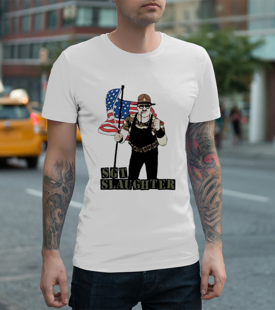 SGT Slaughter Holding American Flag Vintage T-Shirt