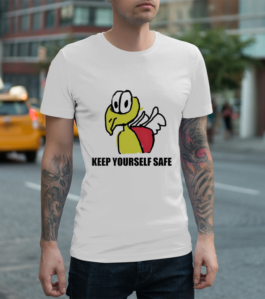 Keep Yourself Safe Bird with White Wings and Red Patch T-Shirt