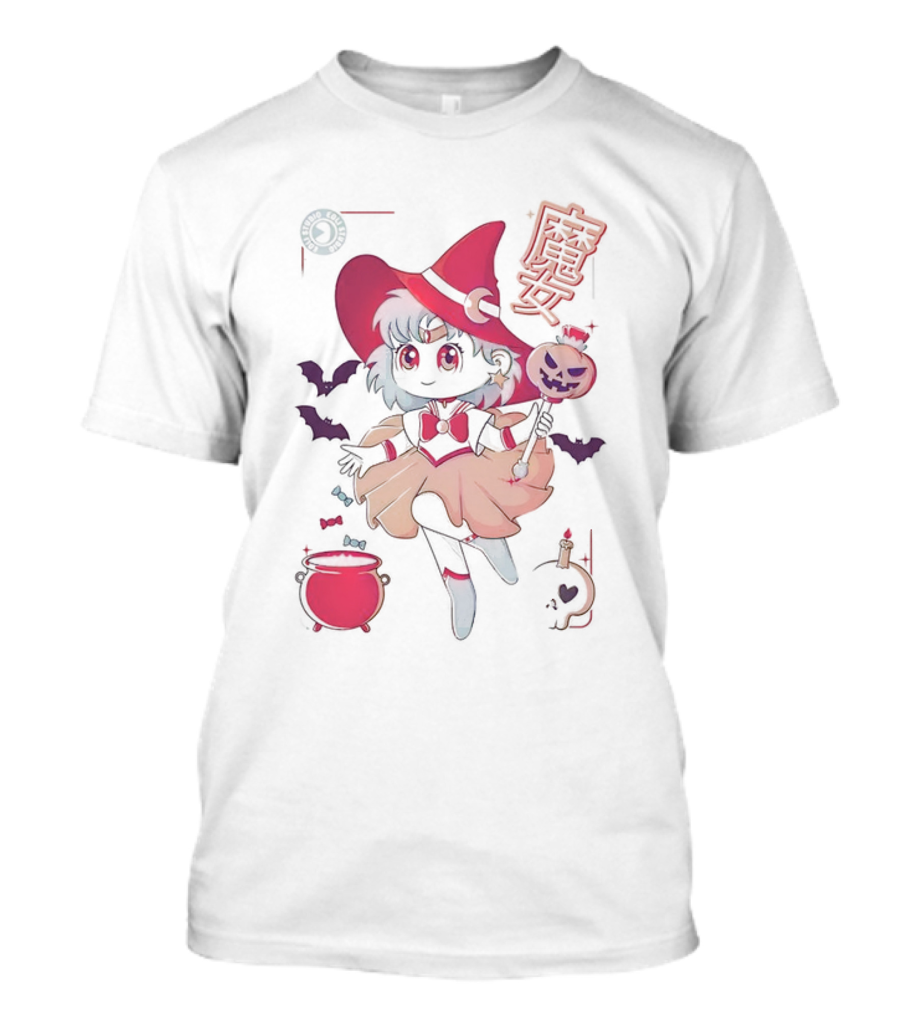 Sailor Witch Moon Magic Halloween Anime Girl With Bats And Cauldron T-Shirt