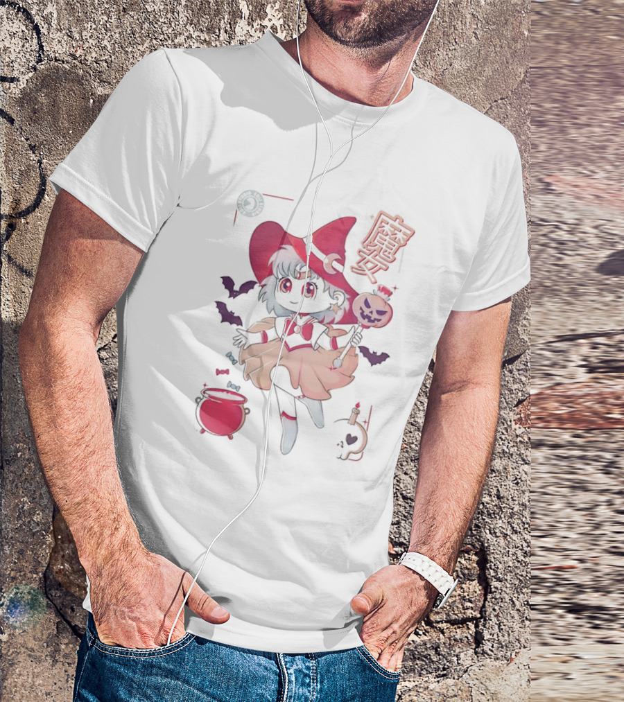 Sailor Witch Moon Magic Halloween Anime Girl With Bats And Cauldron T-Shirt