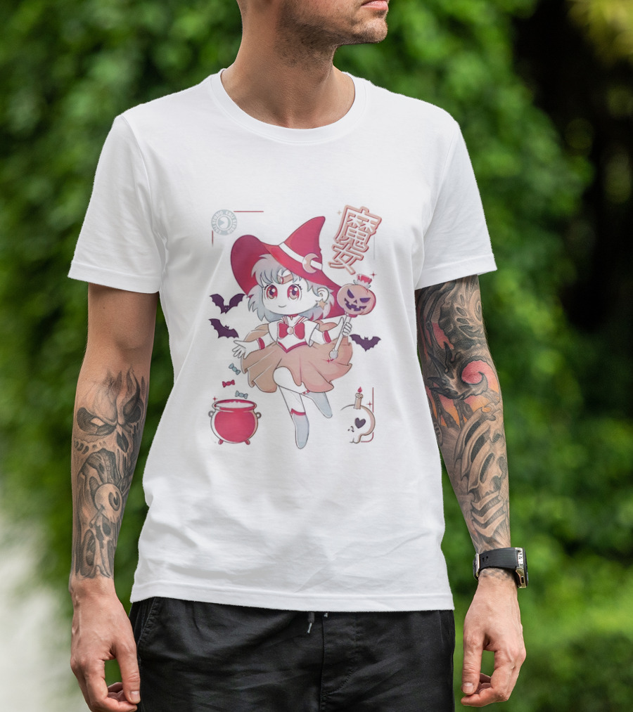 Sailor Witch Moon Magic Halloween Anime Girl With Bats And Cauldron T-Shirt
