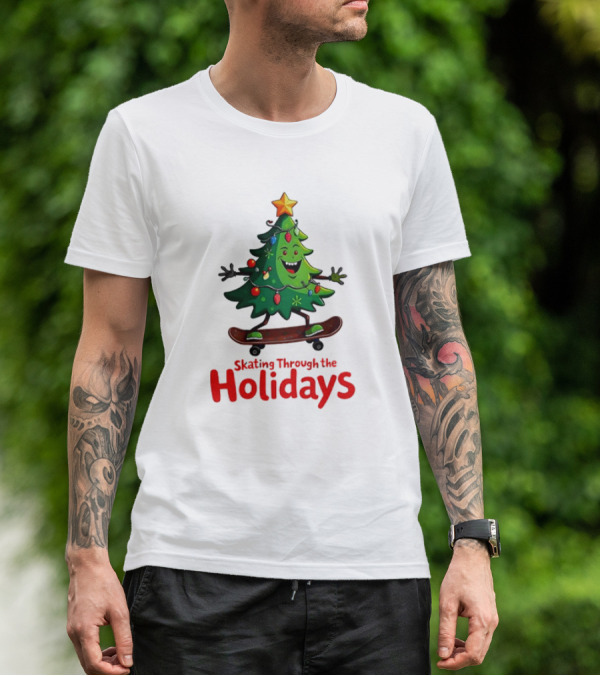 Skating Through The Holidays Christmas Tree Skateboard T-Shirt