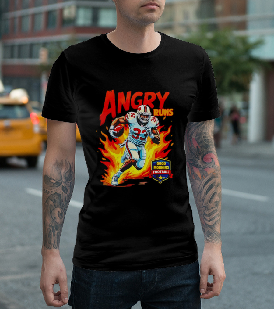 Angry Runs Good Morning Football Flaming Football Player 26 T-Shirt