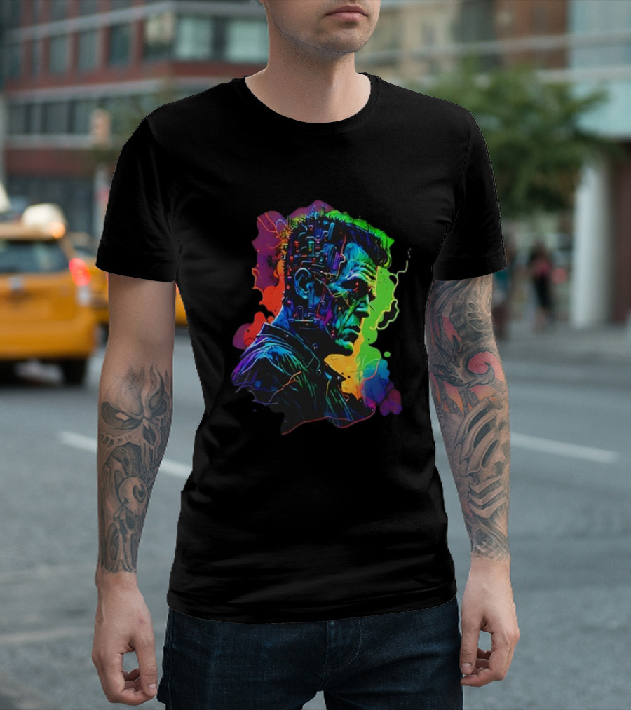 Cyberpunk Frankenstein Neon Circuit Profile T-Shirt