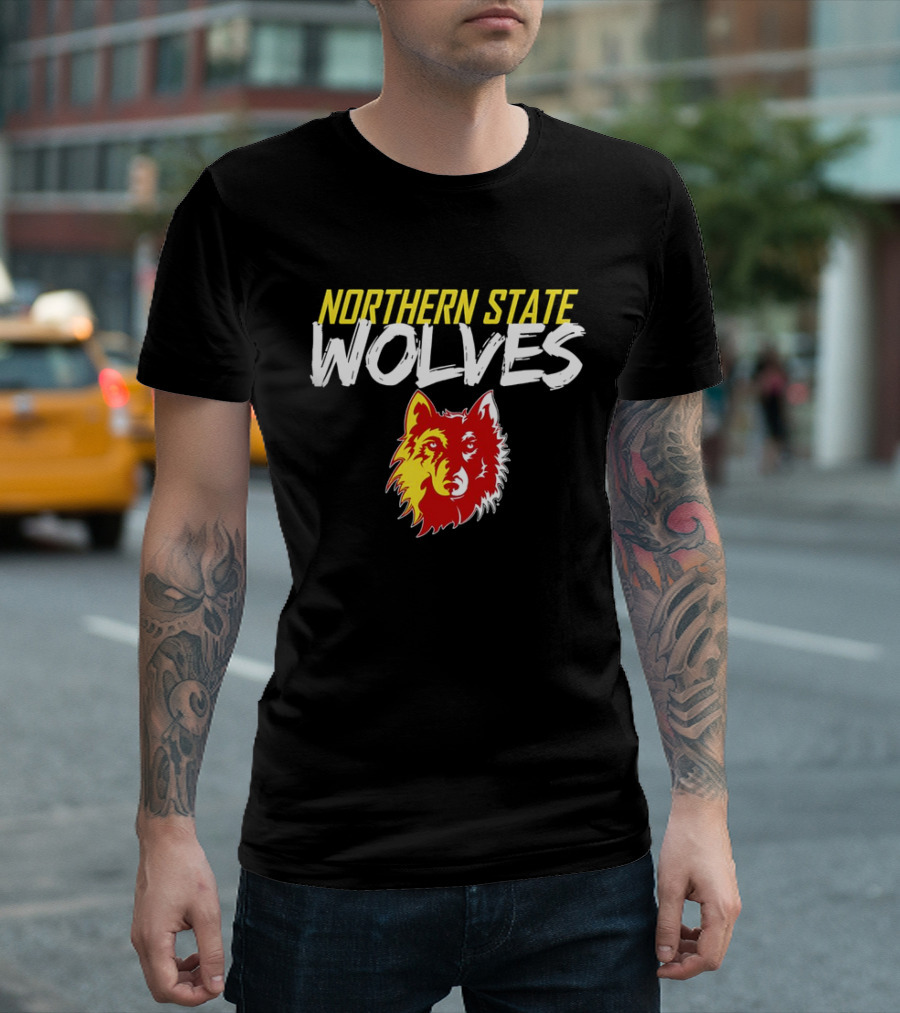 Northern State Wolves Yellow and Red Graffiti Wolf Face T-Shirt