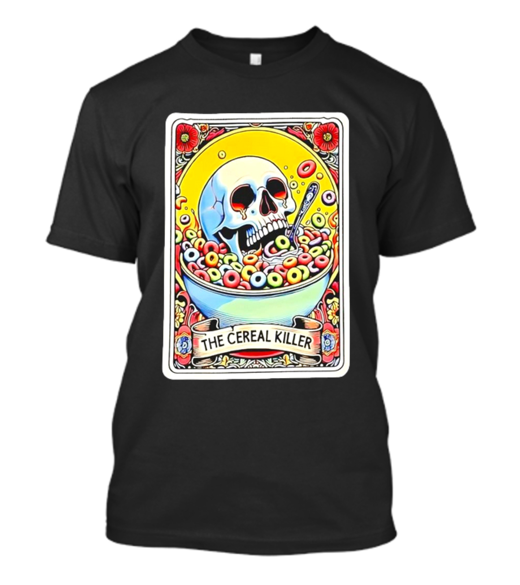 The Cereal Killer Tarot Card Skull Bowl With Colorful Cereal And Spoon T-Shirt