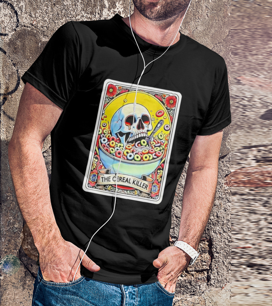 The Cereal Killer Tarot Card Skull Bowl With Colorful Cereal And Spoon T-Shirt