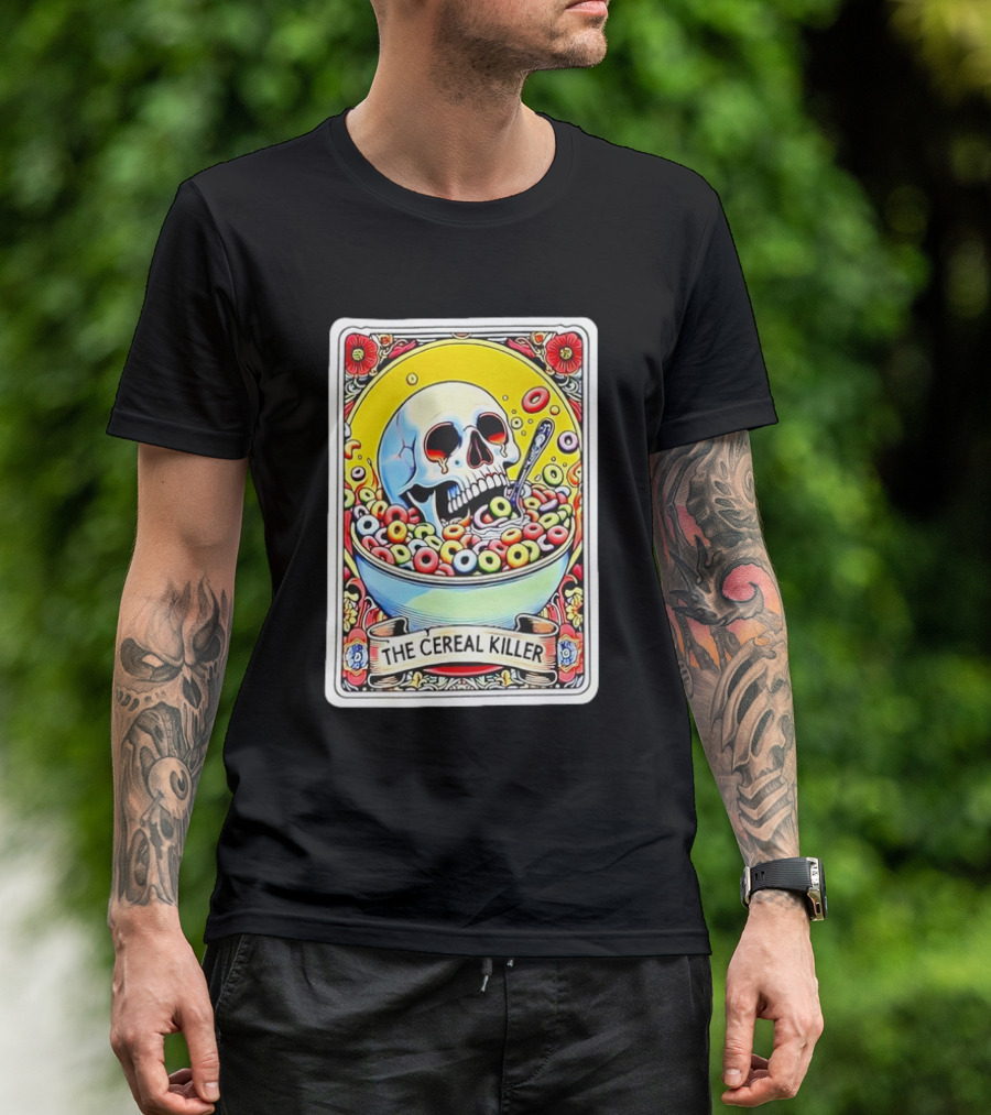 The Cereal Killer Tarot Card Skull Bowl With Colorful Cereal And Spoon T-Shirt