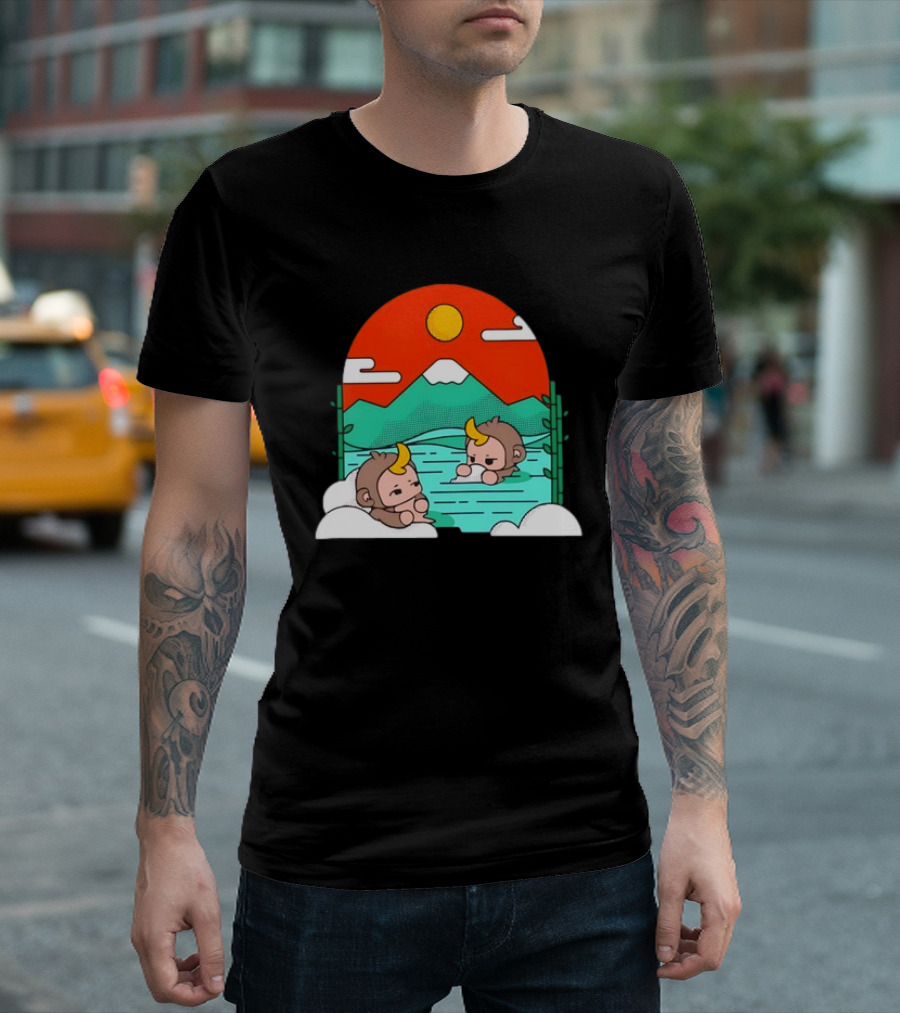 Connor Colquhoun The Tranquil Cute Monkeys In Vibrant Mountain Hot Spring Scenery With Sun And Clouds T-Shirt