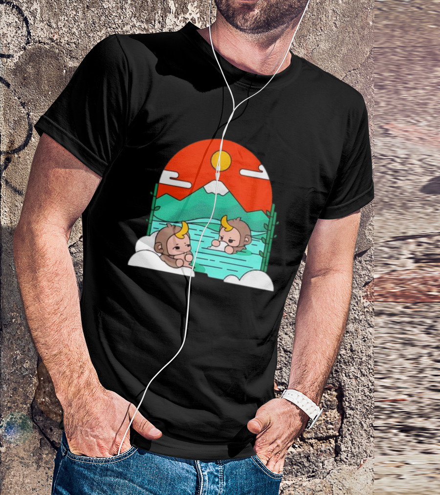 Connor Colquhoun The Tranquil Cute Monkeys In Vibrant Mountain Hot Spring Scenery With Sun And Clouds T-Shirt