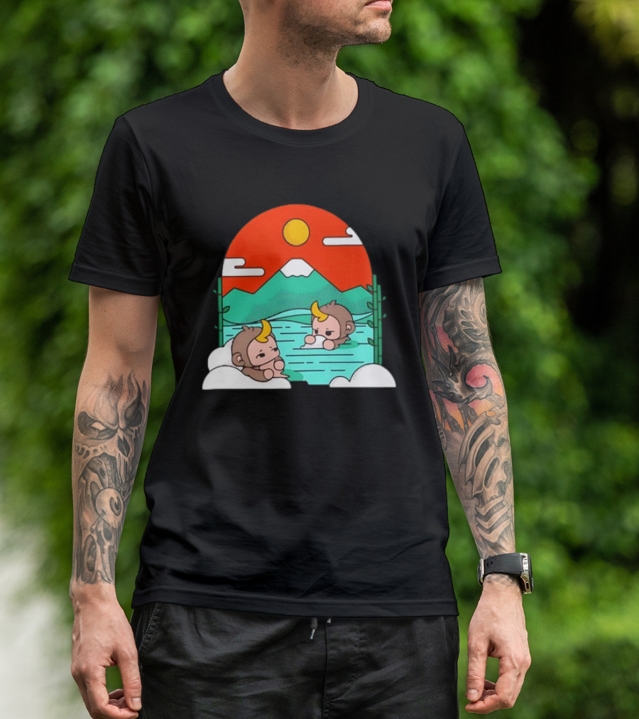 Connor Colquhoun The Tranquil Cute Monkeys In Vibrant Mountain Hot Spring Scenery With Sun And Clouds T-Shirt