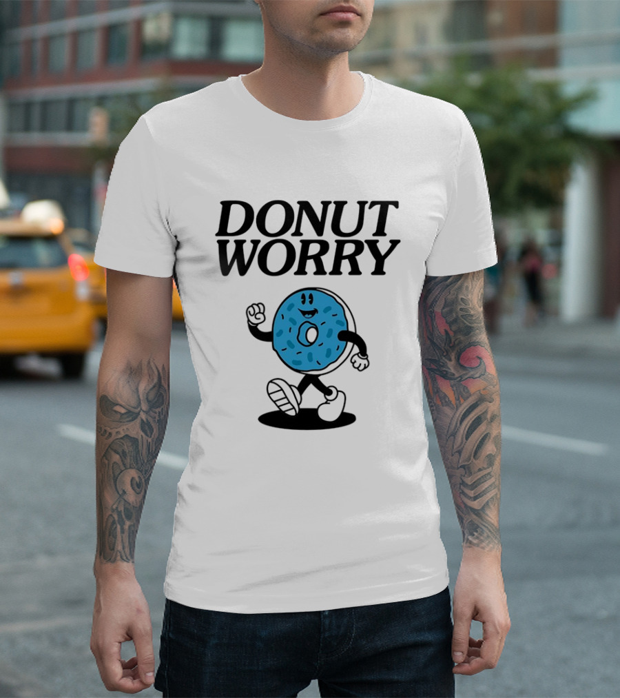DONUT WORRY Smiley Face Walking Doughnut Character T-Shirt