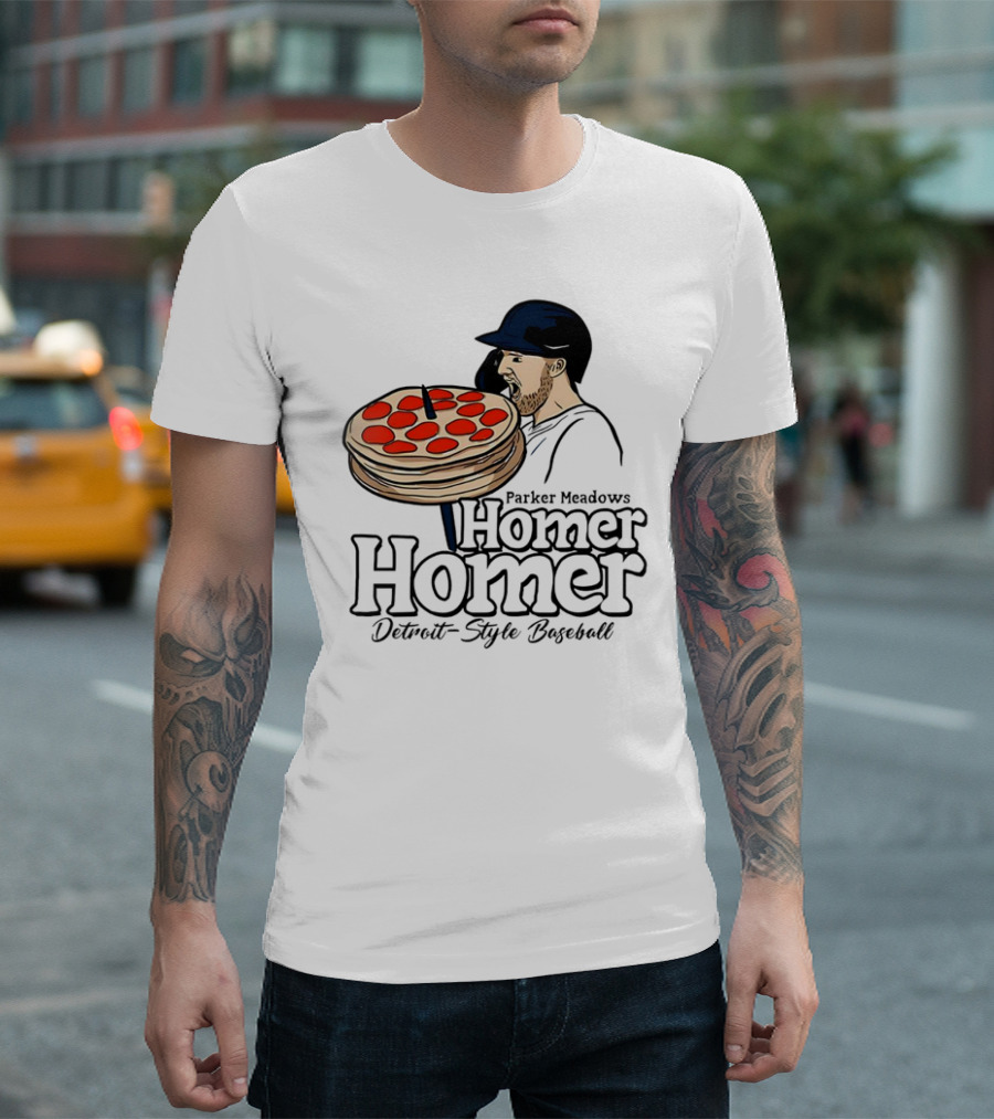 Parker Meadows Homer Homer Detroit-Style Baseball Pizza T-Shirt