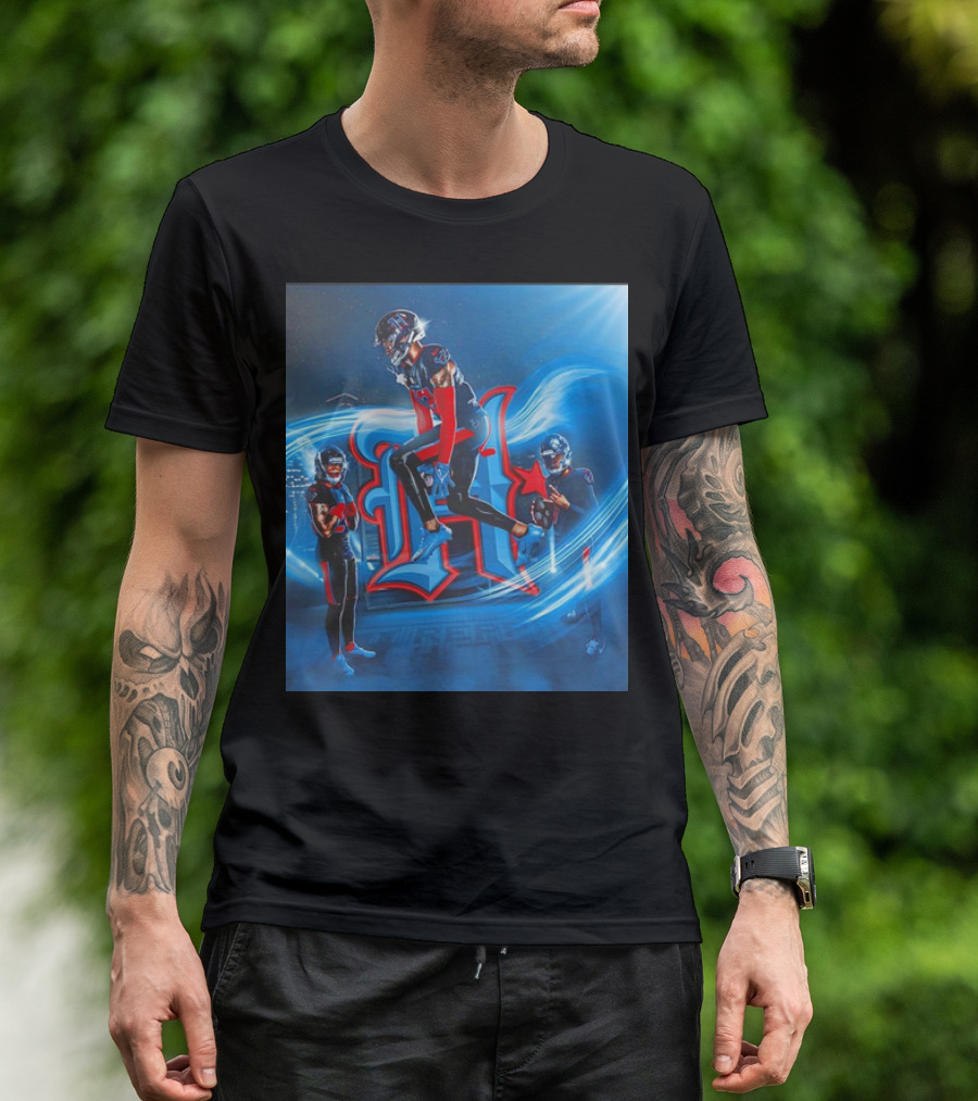Houston Texans Tippin' H Logo With Football Players In Dynamic Action T-Shirt