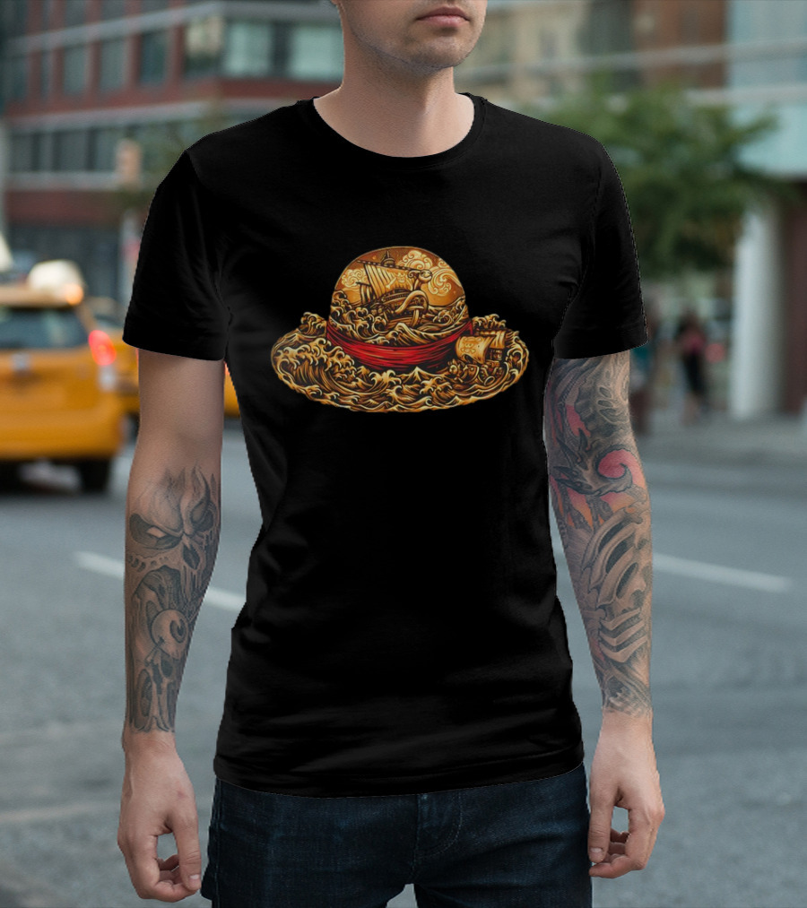 One Piece Luffy Straw Hat with Going Merry and Thousand Sunny Pirate Ships T-Shirt