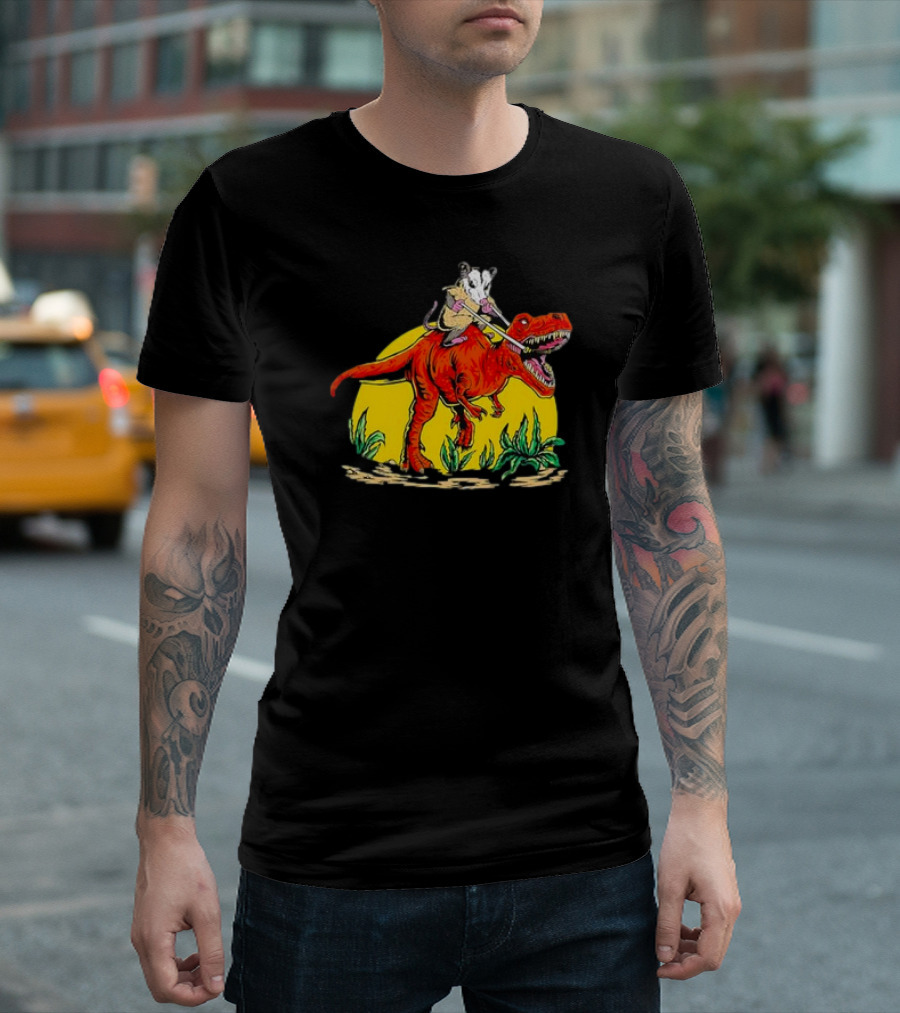 Opossum Riding T-Rex Dinosaur Retro Sunset Forest Scene T-Shirt