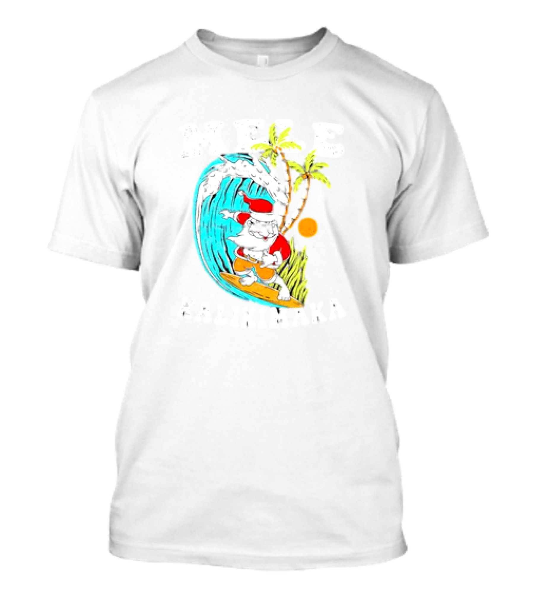 Mele Kalikimaka Hawaii Christmas Surfing Santa Wave Palm Trees Sun T-Shirt