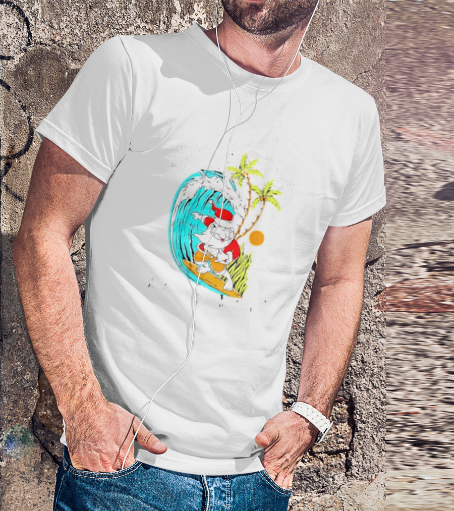 Mele Kalikimaka Hawaii Christmas Surfing Santa Wave Palm Trees Sun T-Shirt