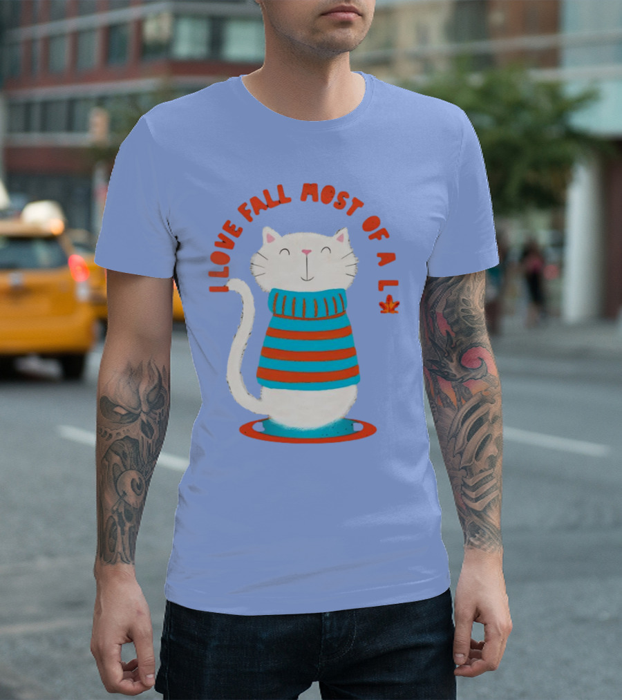 I Love Fall Most of All Cat in Striped Sweater With Leaf T-Shirt
