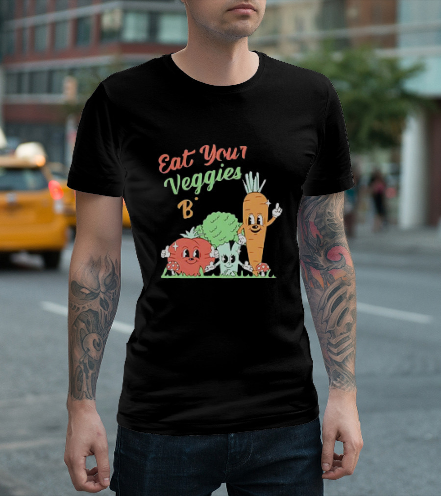 Eat Your Veggies Bitch Cartoon with Tomato Broccoli Carrot T-Shirt