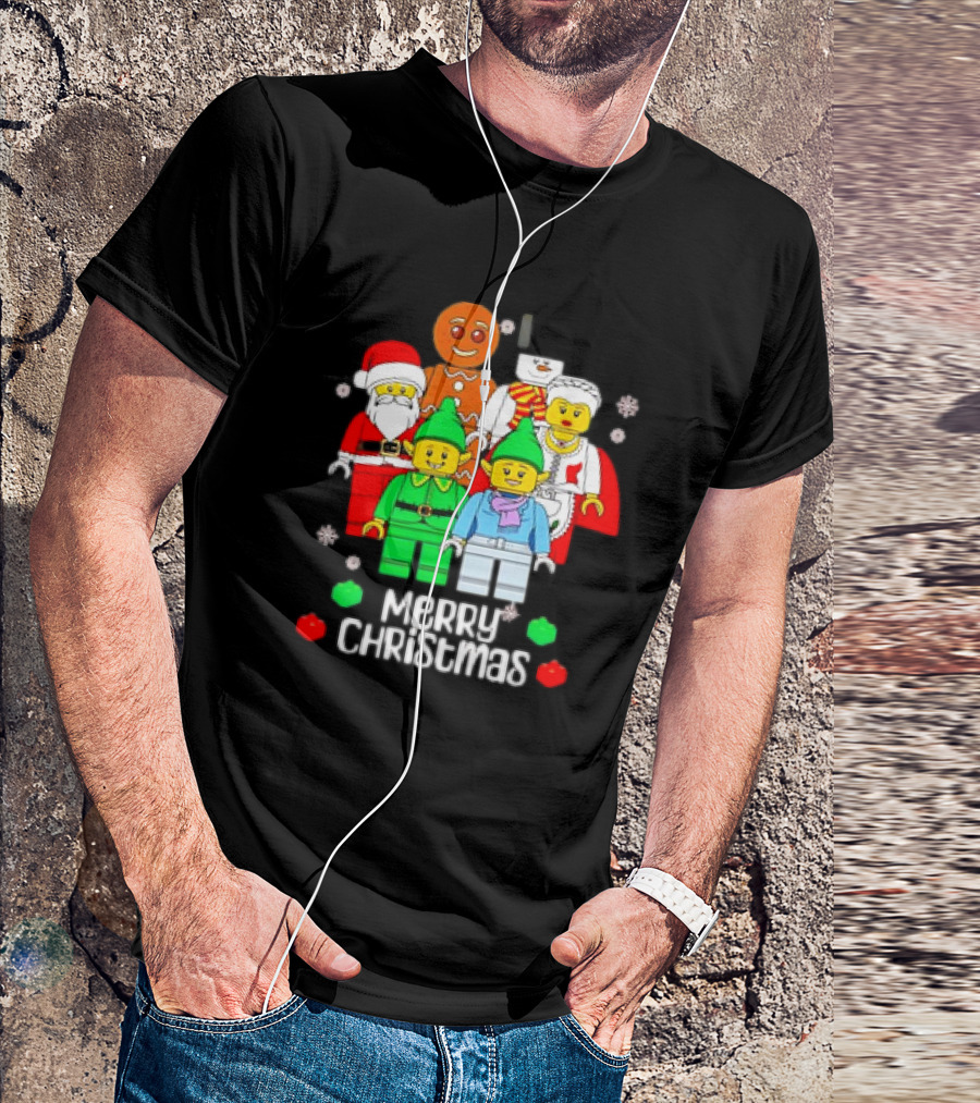 Merry Christmas Santa Elf Snowman Gingerbread Building Bricks Figures T-Shirt