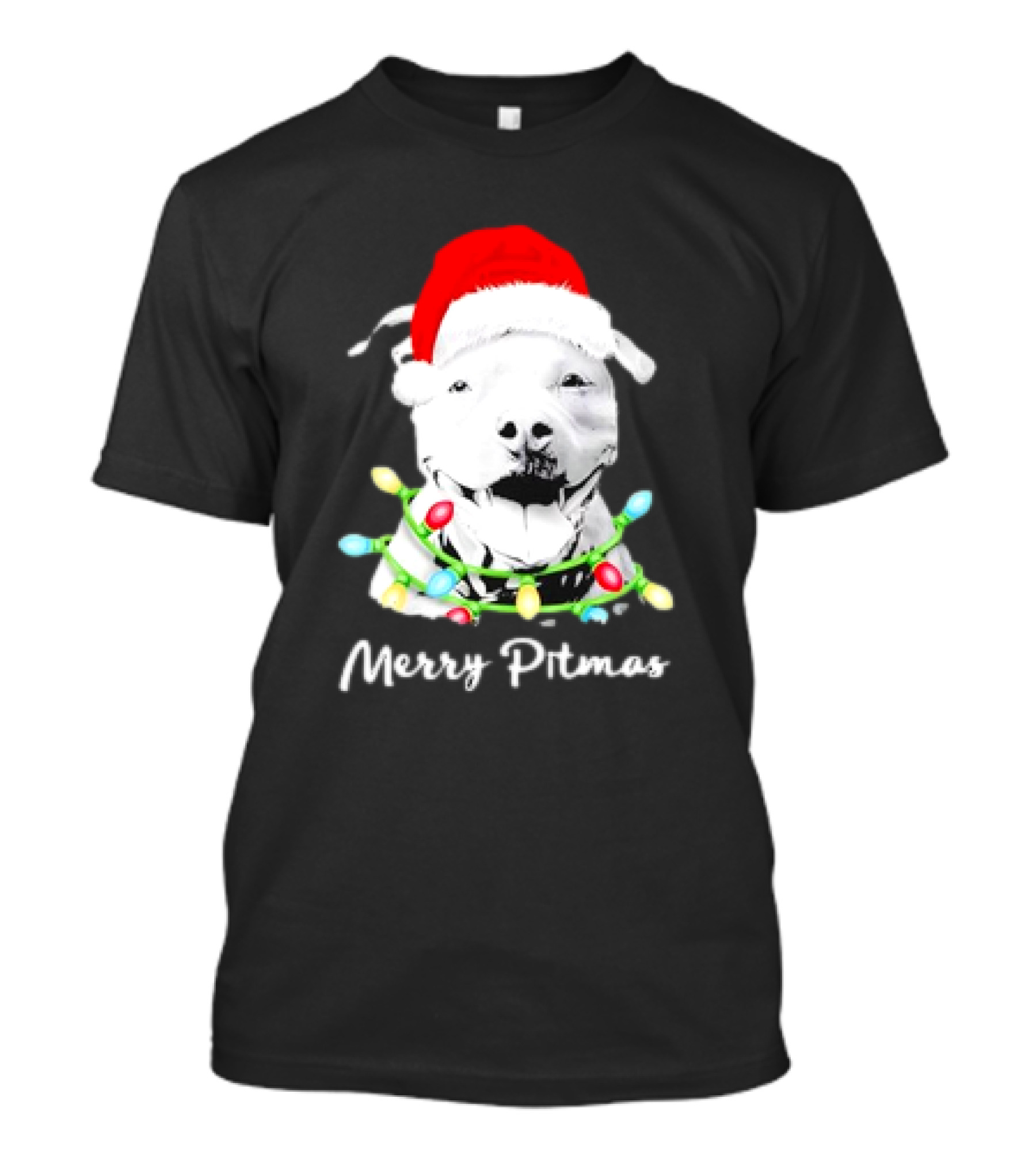 Merry Pitmas Pit Bull Santa With Christmas Tree Lights T-Shirt