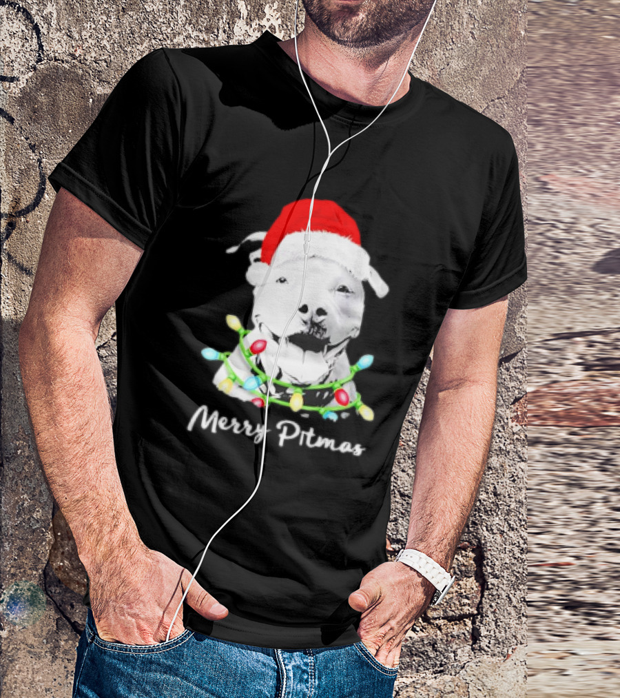 Merry Pitmas Pit Bull Santa With Christmas Tree Lights T-Shirt
