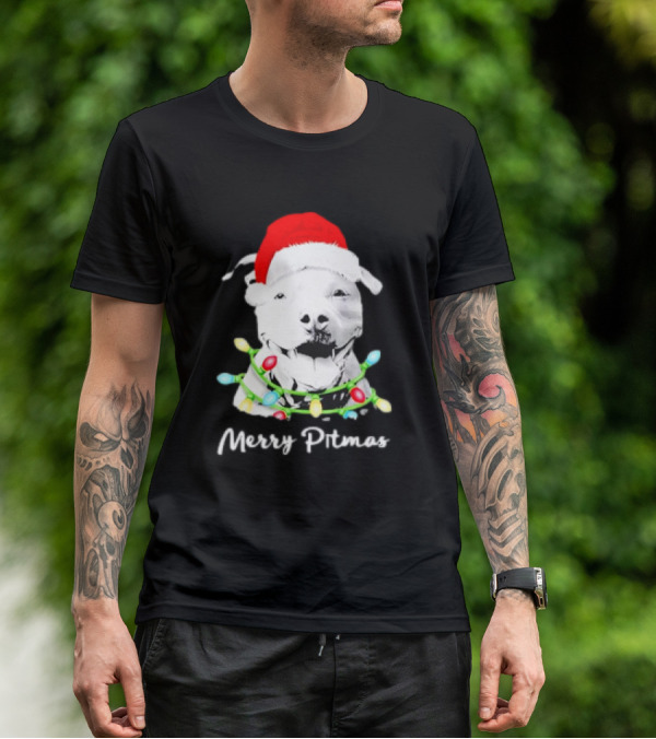 Merry Pitmas Pit Bull Santa With Christmas Tree Lights T-Shirt