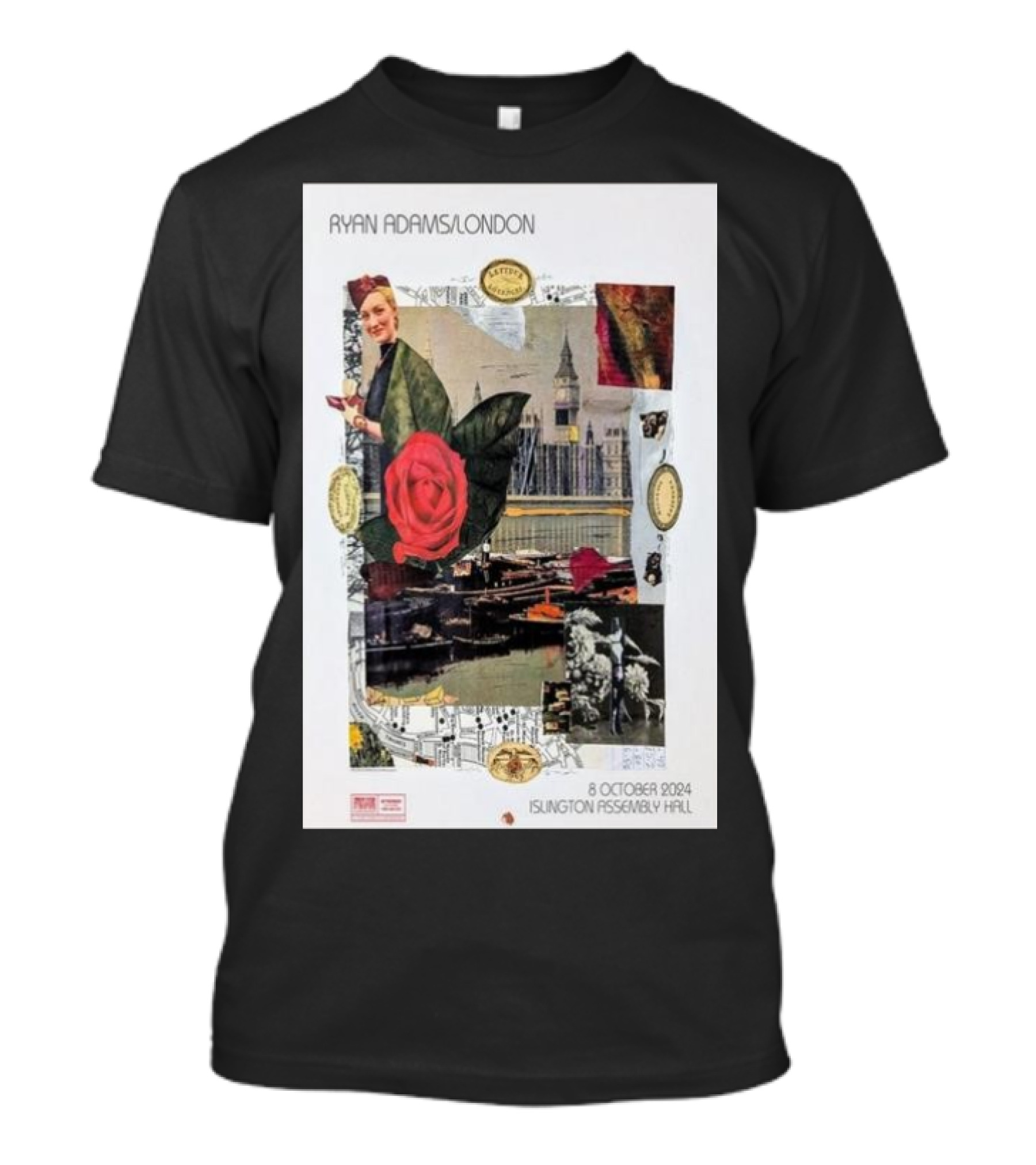 Ryan Adams London 8 October 2024 Islington Assembly Hall Collage With Rose And Landmark T-Shirt