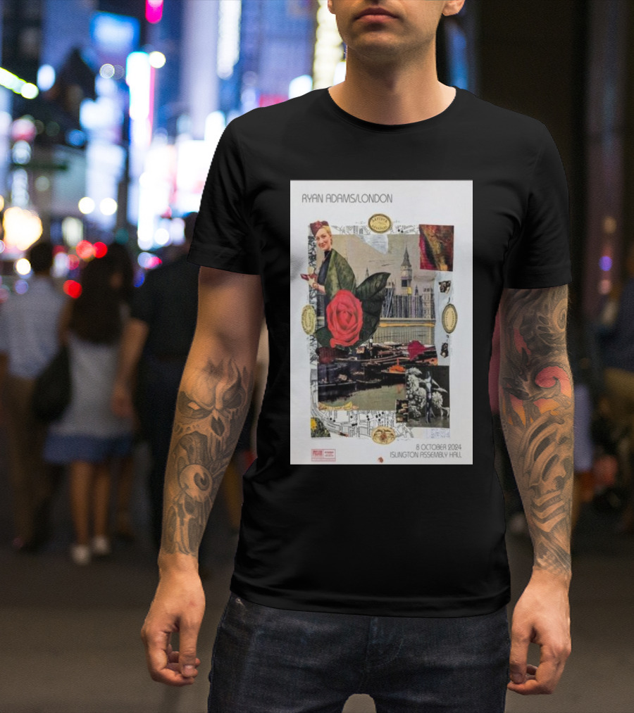 Ryan Adams London 8 October 2024 Islington Assembly Hall Collage With Rose And Landmark T-Shirt