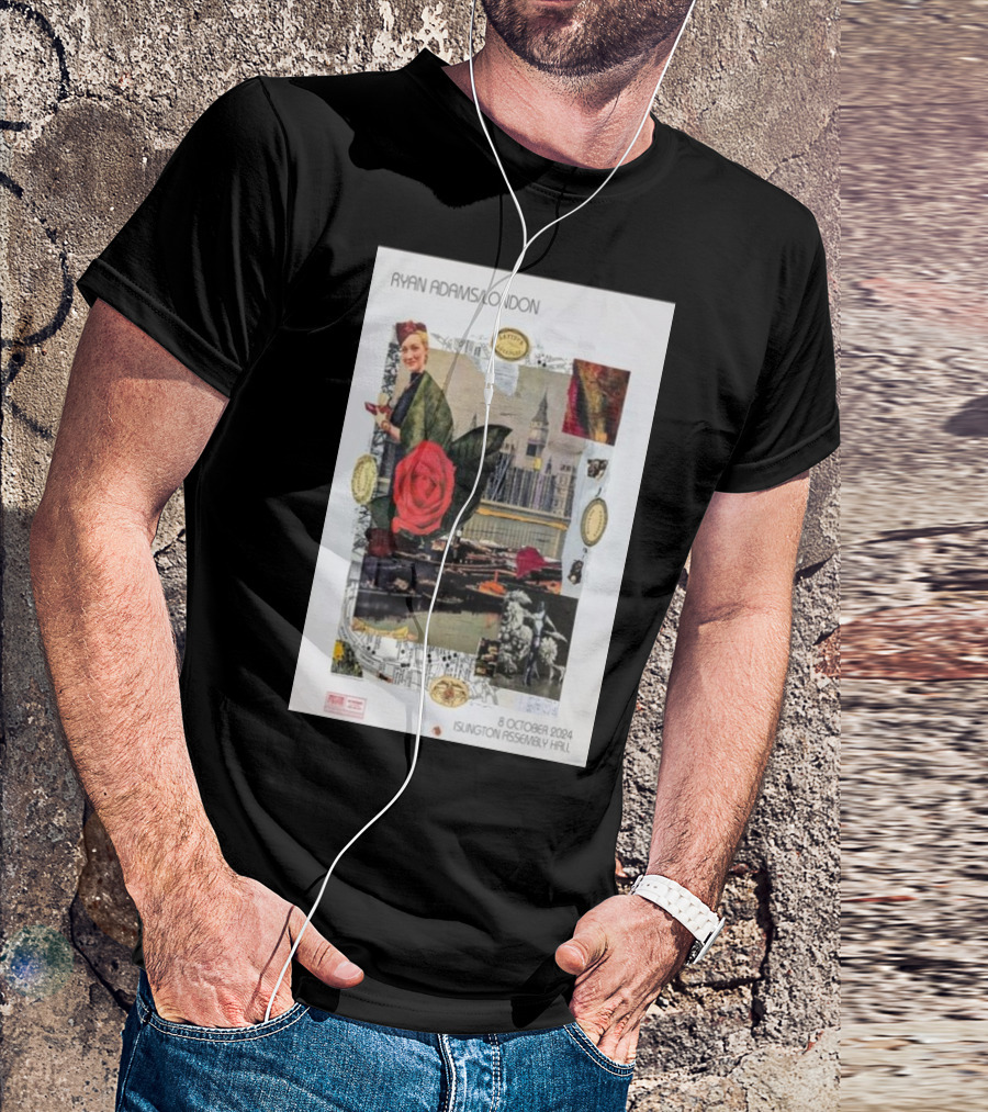 Ryan Adams London 8 October 2024 Islington Assembly Hall Collage With Rose And Landmark T-Shirt