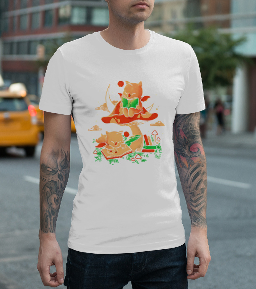 Cat Kupo Moogles Reading on Mushroom with Books T-Shirt