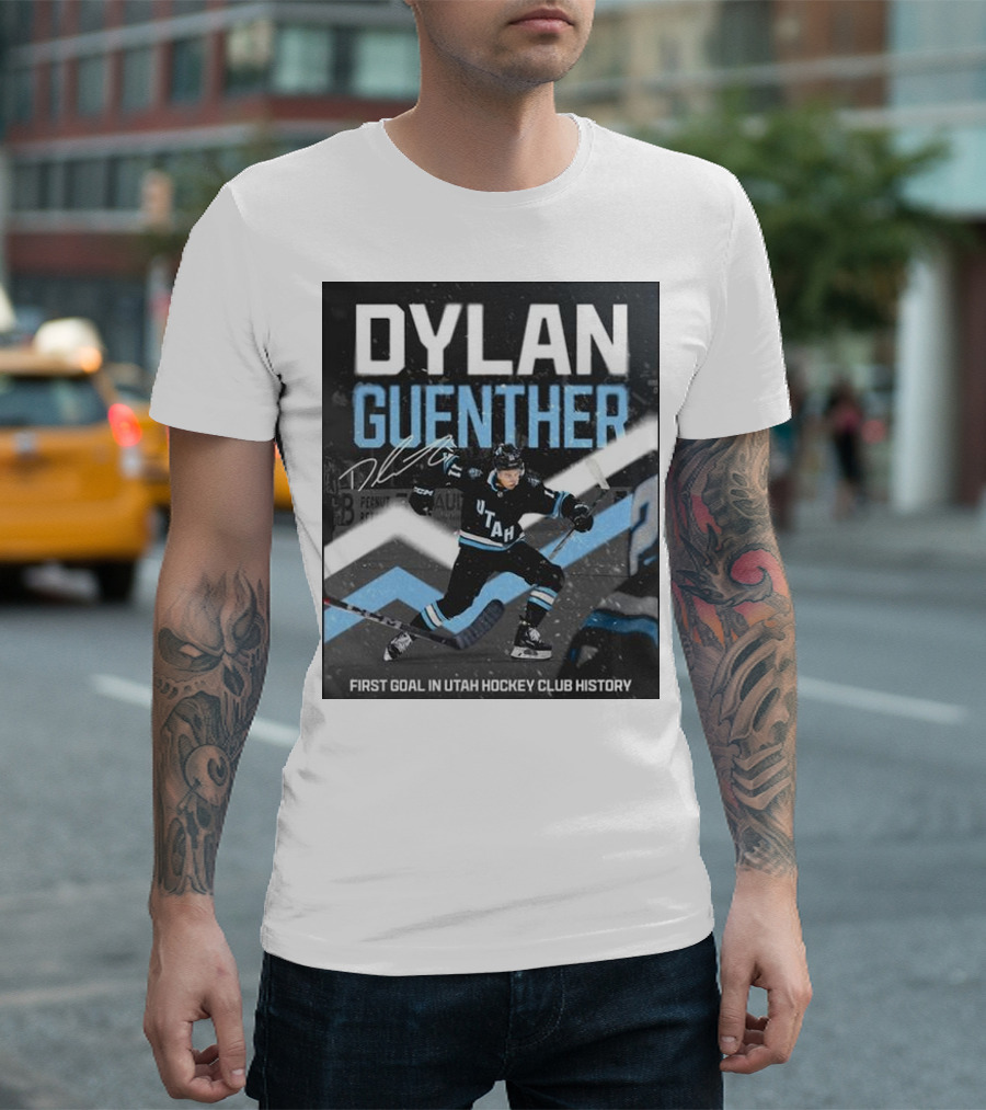 DYLAN GUENTHER First Goal In Utah Hockey Club History With Autograph And Action Shot T-Shirt