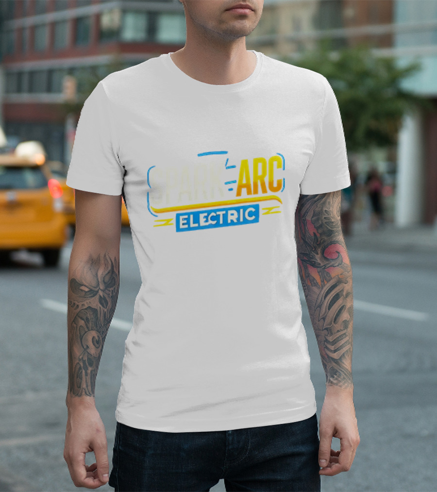 Spark and Arc Electric Bold Yellow and Blue Text T-Shirt