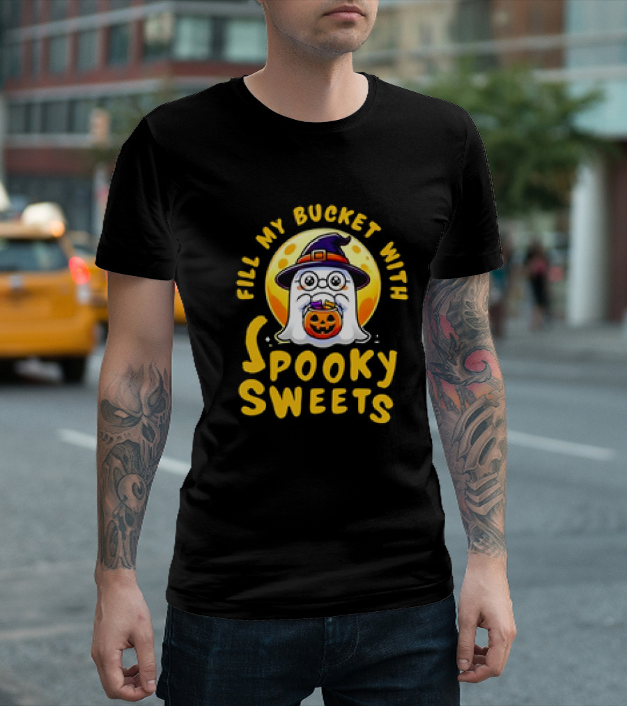Fill My Bucket with Spooky Sweets Ghost in Witch Hat Halloween Moon T-Shirt