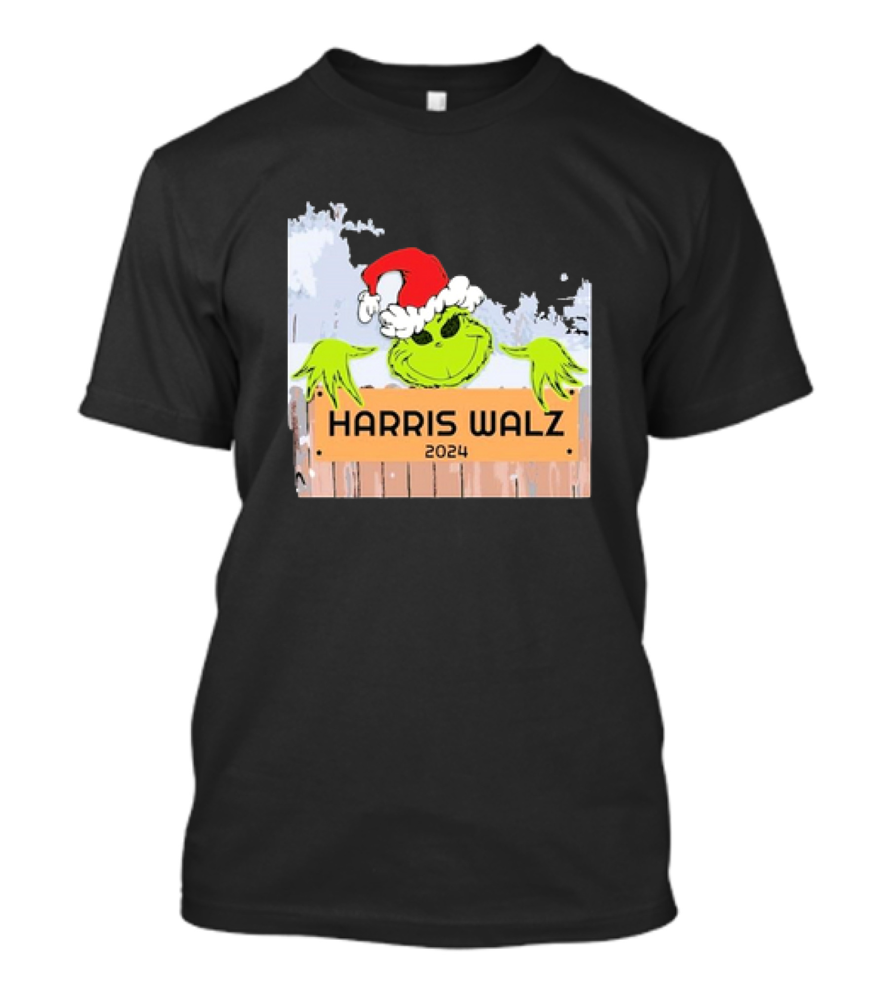 Grinch Harris Walz 2024 Christmas Santa Hat Fence Peeking T-Shirt