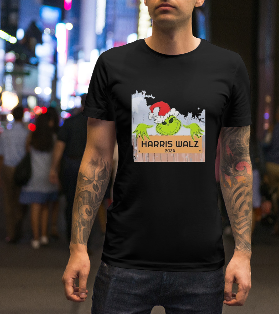 Grinch Harris Walz 2024 Christmas Santa Hat Fence Peeking T-Shirt