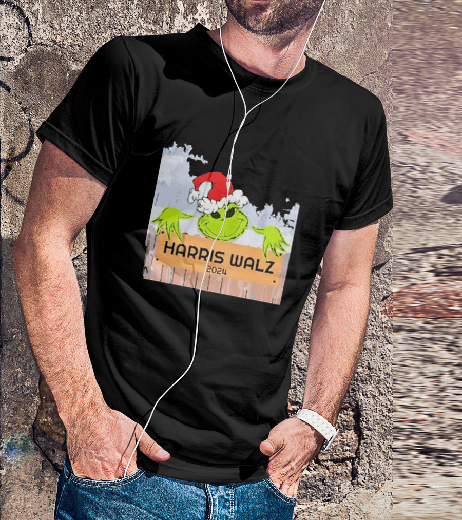 Grinch Harris Walz 2024 Christmas Santa Hat Fence Peeking T-Shirt