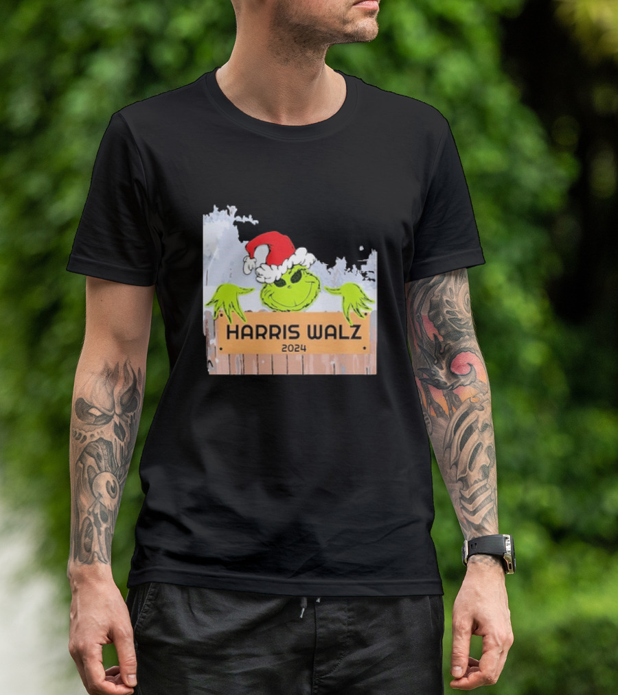 Grinch Harris Walz 2024 Christmas Santa Hat Fence Peeking T-Shirt