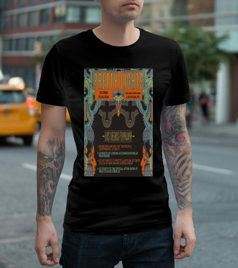 Pretty Lights Las Vegas Flyaway MGM Grand Garden Arena October 25-26 2024 Two Nights Lodging Giveaway Tour T-Shirt