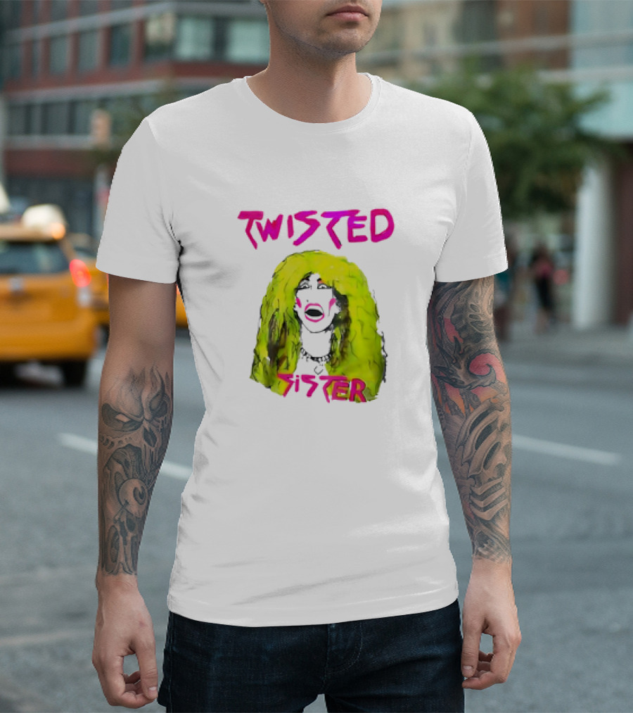Twisted Sister Cartoon Portrait Neon Hair Rock Face T-Shirt