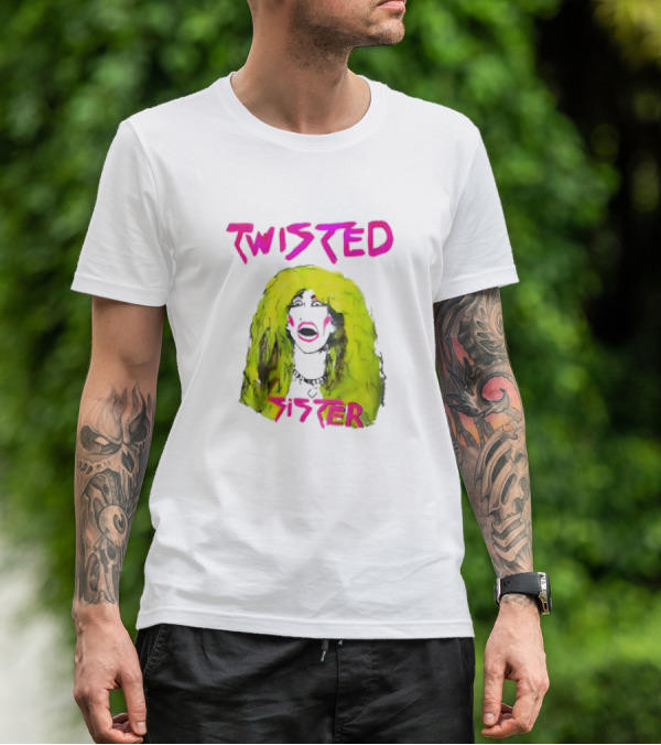 Twisted Sister Cartoon Portrait Neon Hair Rock Face T-Shirt