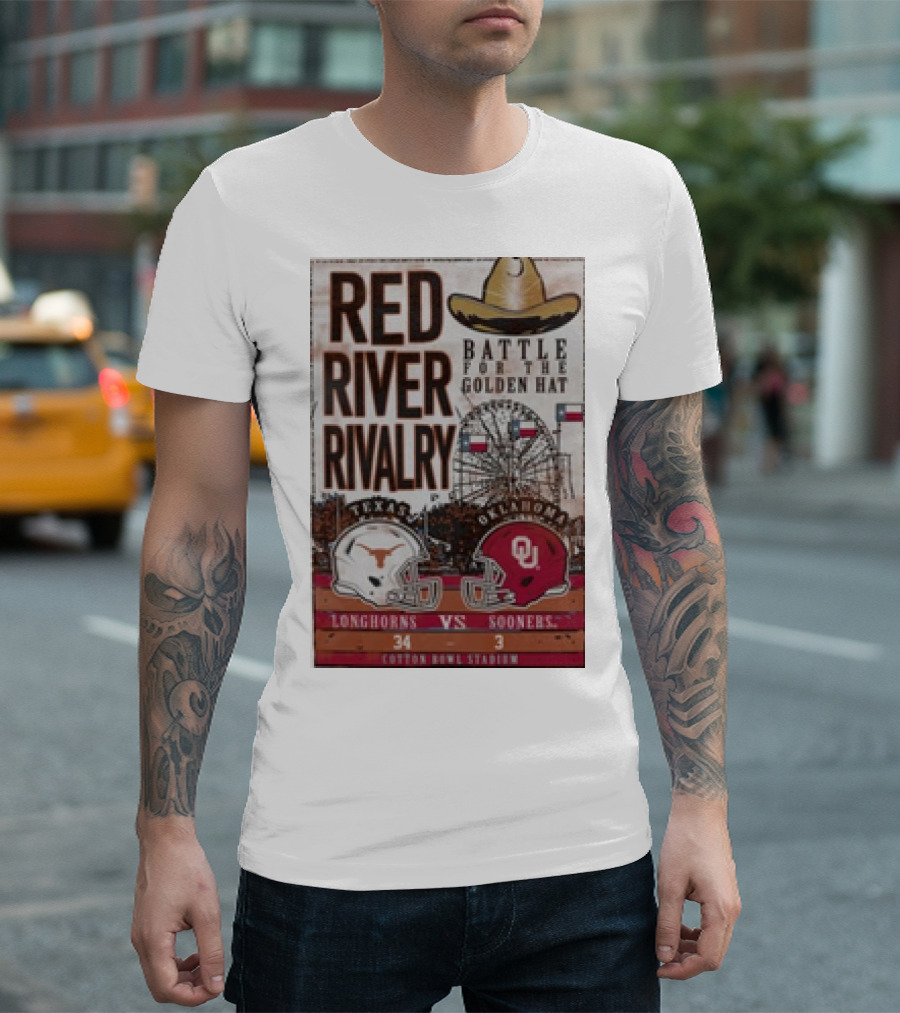 Texas Longhorns Vs Oklahoma Sooners Red River Rivalry Battle for the Golden Hat 34-3 Cotton Bowl Stadium T-Shirt