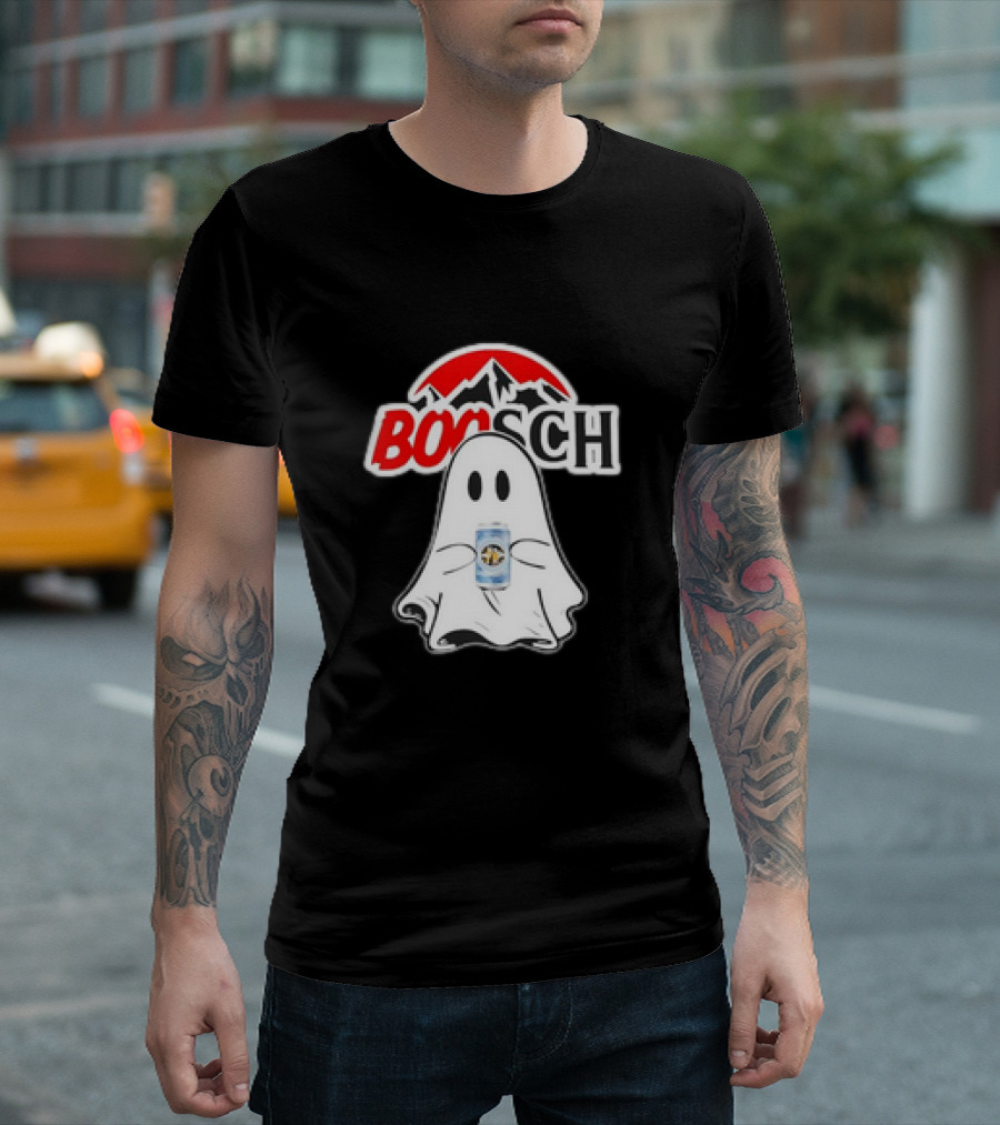Booschbeer Halloween Ghost With Beer Can And Red Mountain Halloween T-Shirt
