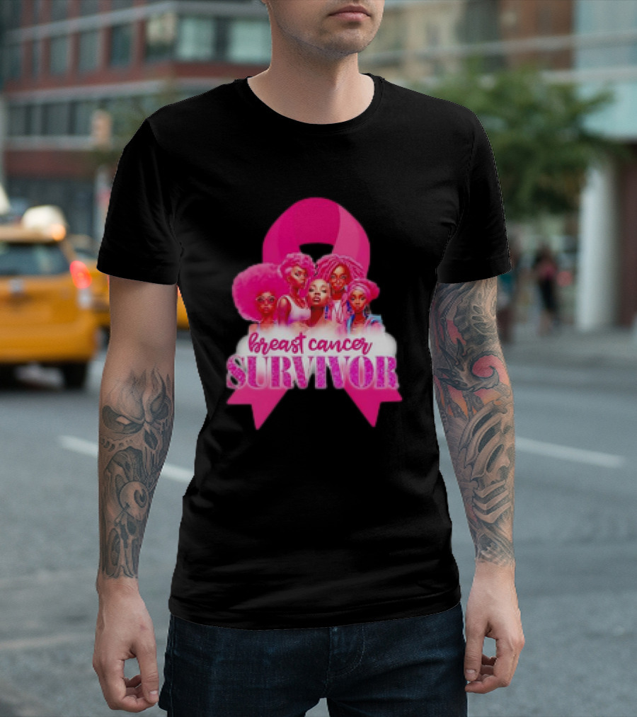 Breast Cancer Survivor Pink Ribbon Black Women Melanin Warrior T-Shirt