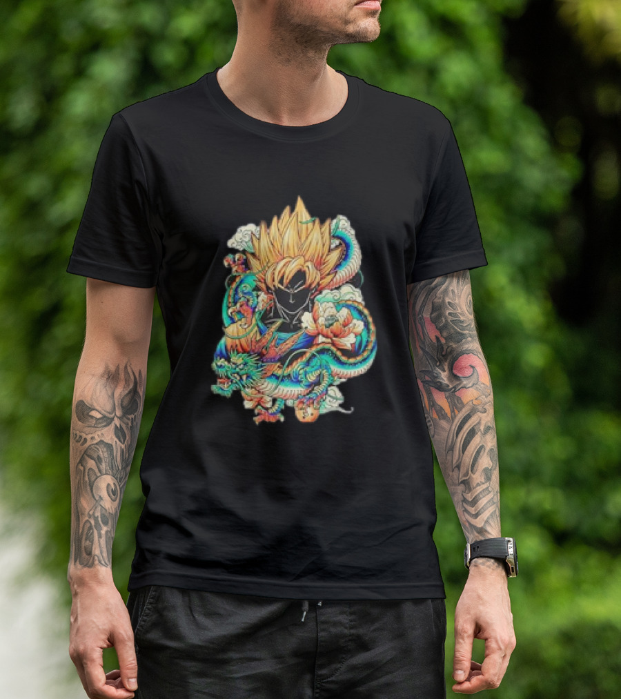 Colorful Dragon Ball Z Super Saiyan Goku With Dragon Serpent And Clouds T-Shirt