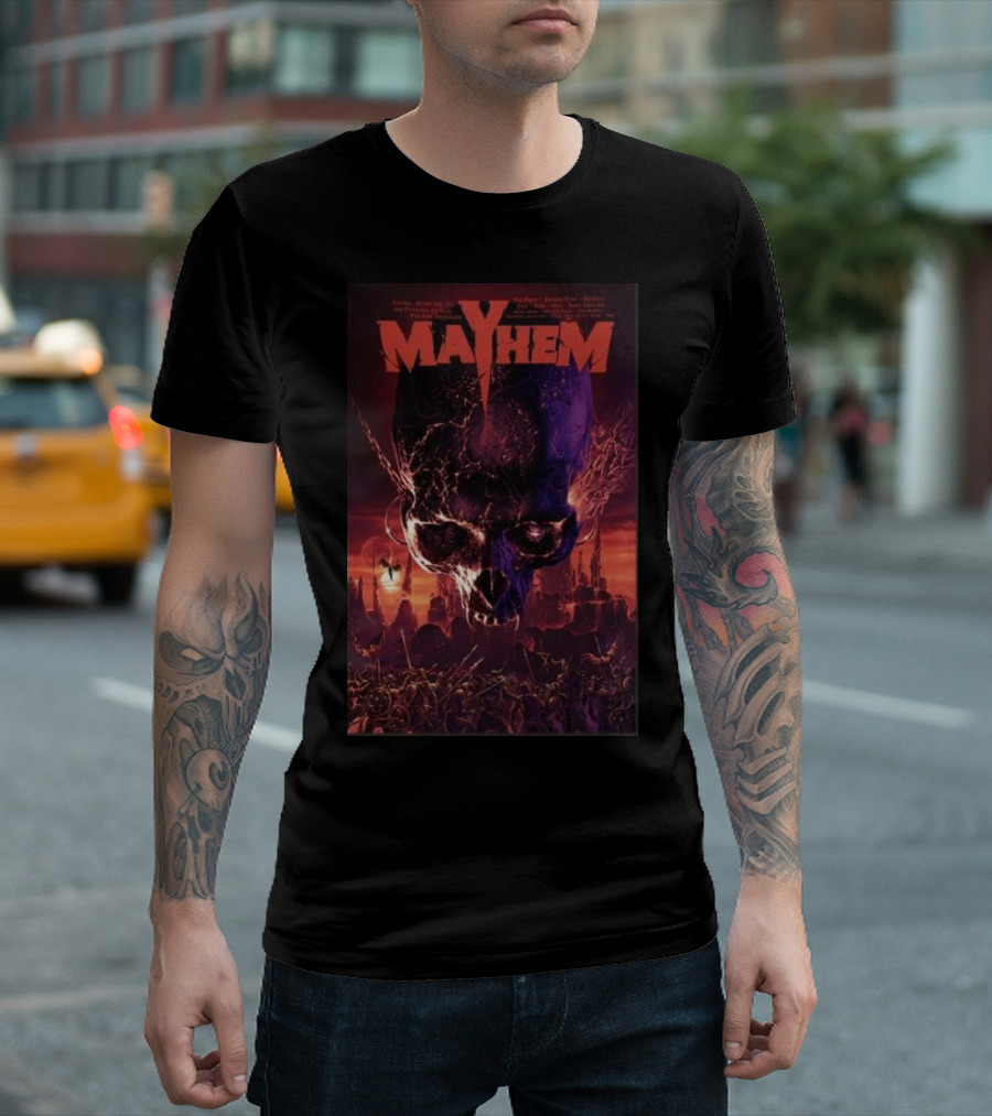 Mayhem Festival October 12th 2024 San Bernardino CA Skull and Battles Scene T-Shirt
