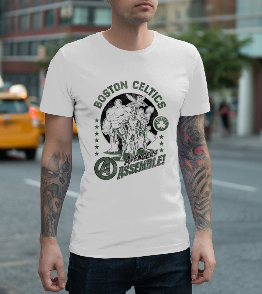 Boston Celtics Marvel Avengers Assemble Crossover Collaboration T-Shirt
