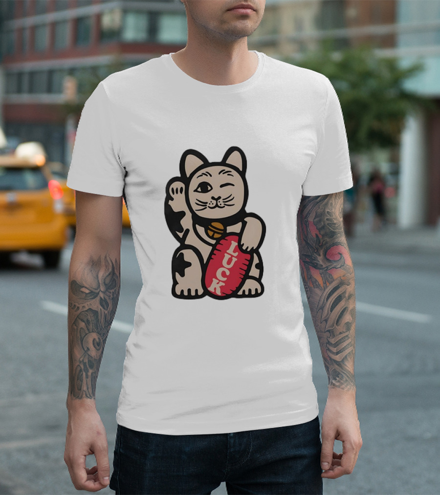 Maneki Lucky Cat Winking with Luck Sign T-Shirt